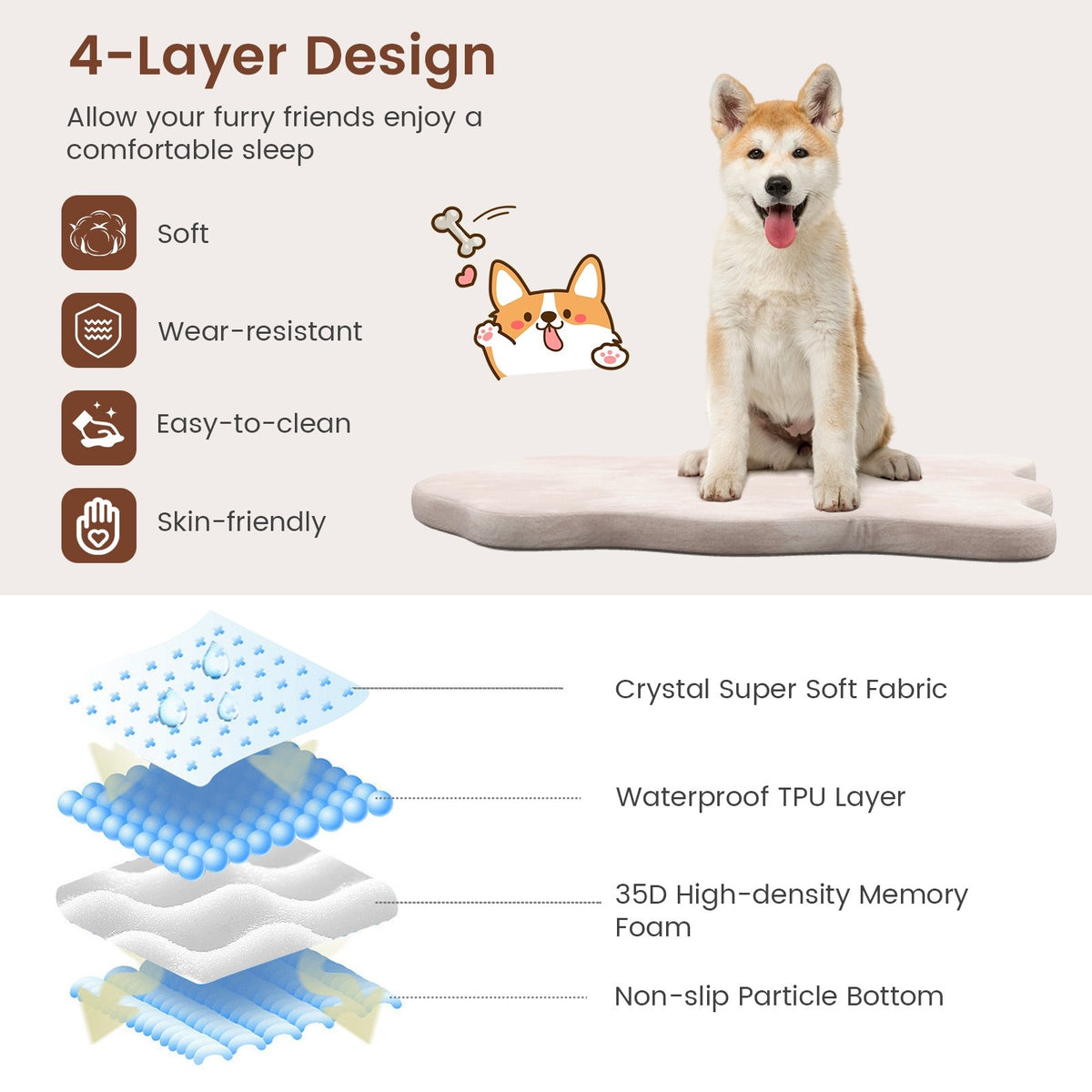Orthopedic Dog Bed with Memory Foam Support for Large Dogs-Beige view 6