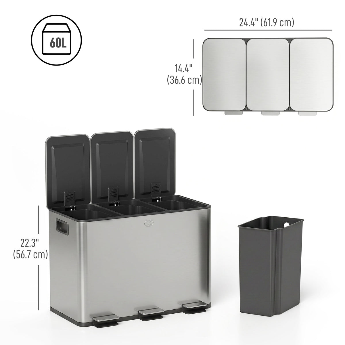 Garbage Bin, Soft-Close Trash Can with Foot Pedal, 3x5 Gallon (3x20 L) Garbage Can with Removable Inner – view 9
