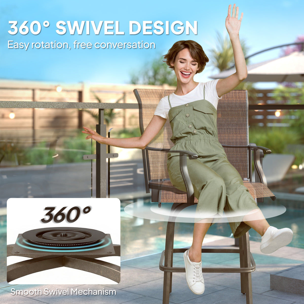Outdoor Bar Stools Set of 2, Swivel Bar Height Chairs with High Back, Curved Armrests and Steel Frame, Black – view 24
