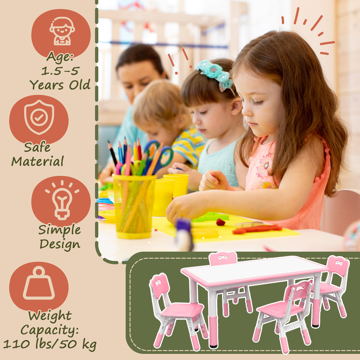 Qaba Kids Table and Chair Set with 4 Chairs, Adjustable Height, Easy to Clean, for 1.5 - 8 Years Old