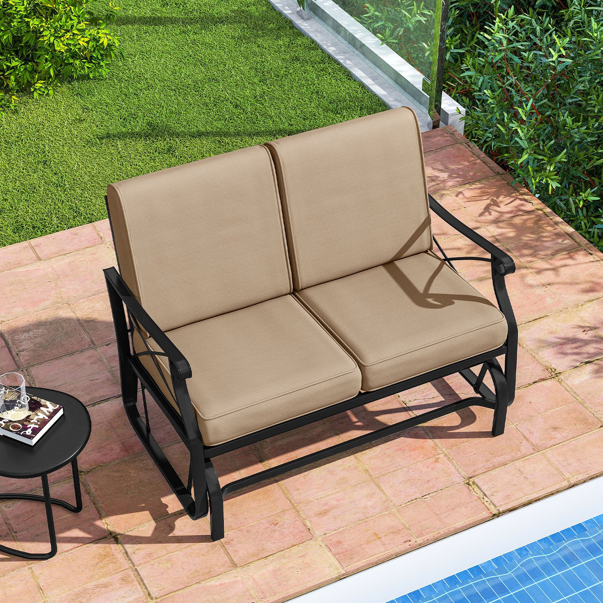 Outdoor 2-Person Glider Rocking Chair Loveseat with Thick Cushions and Metal Frame-Brown view 3