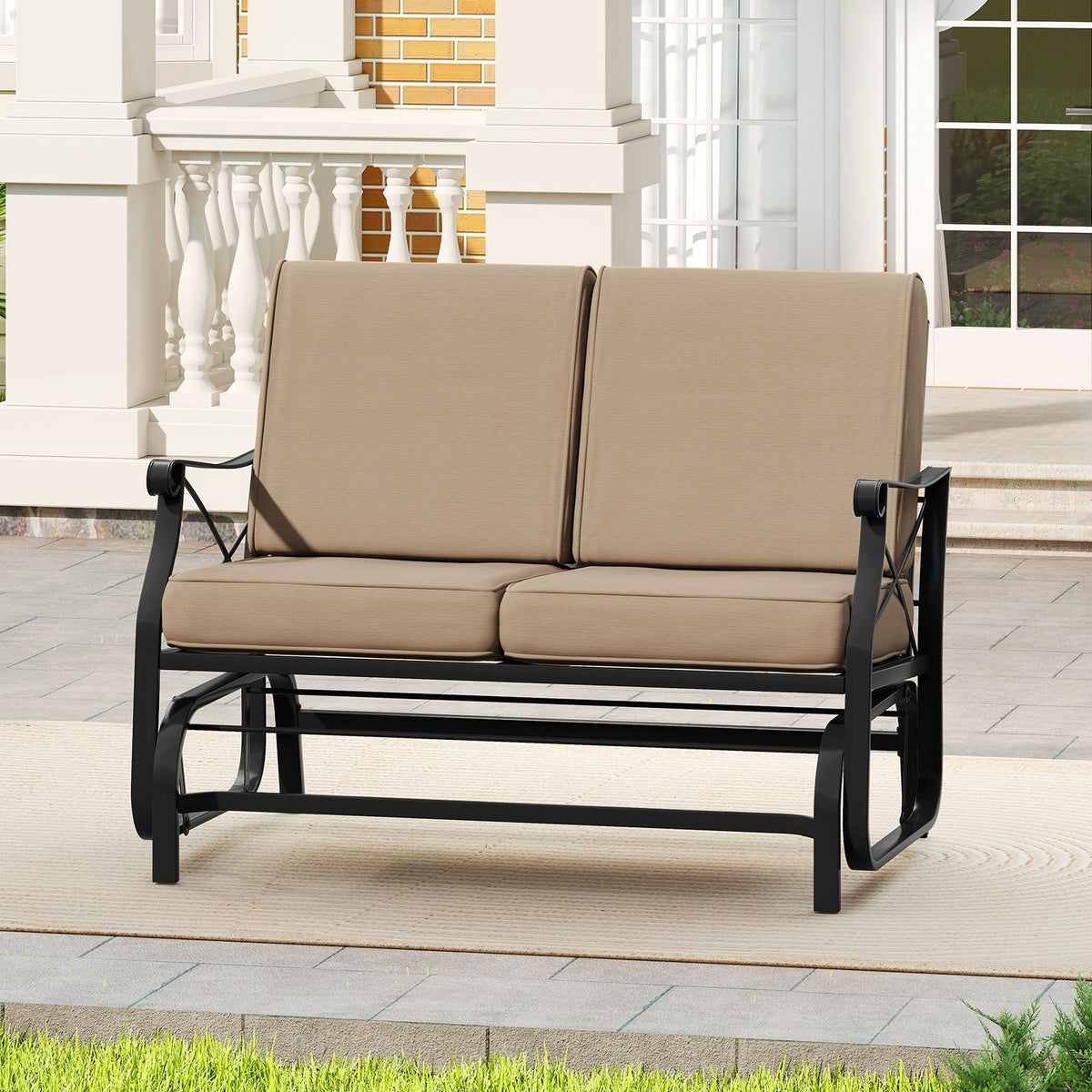 Outdoor 2-Person Glider Rocking Chair Loveseat with Thick Cushions and Metal Frame-Brown view 4