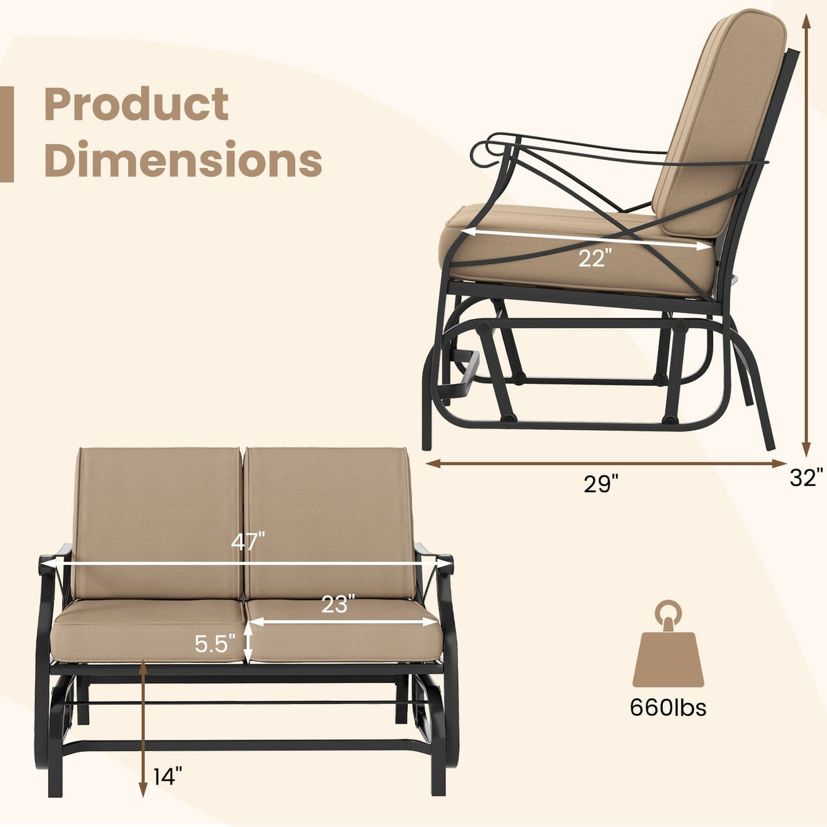 Outdoor 2-Person Glider Rocking Chair Loveseat with Thick Cushions and Metal Frame-Brown view 5