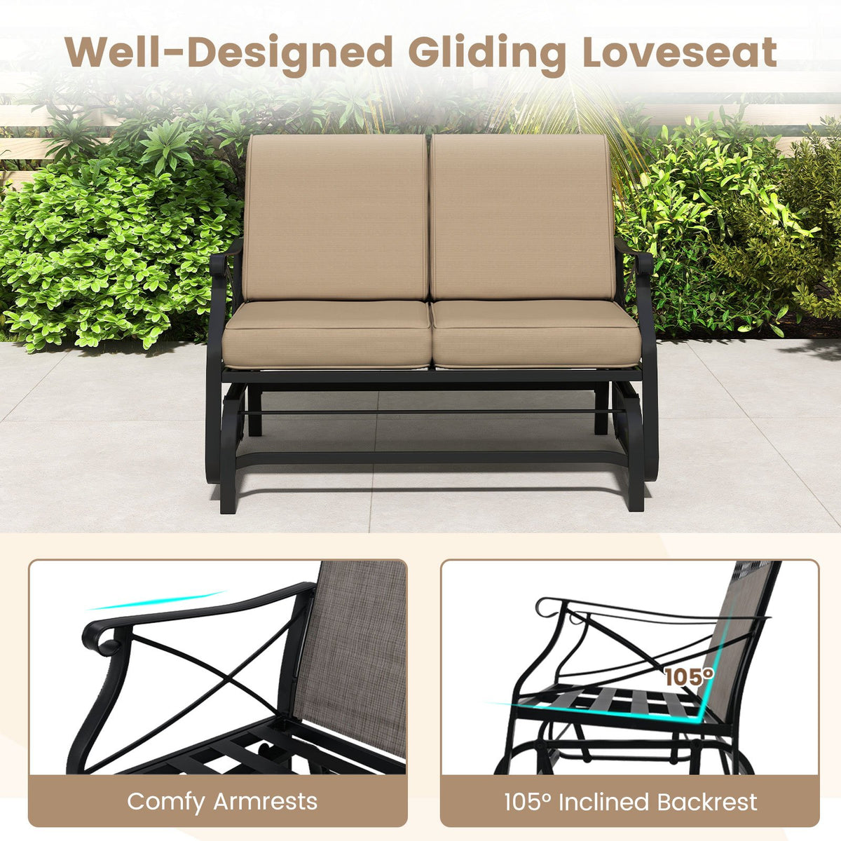 Outdoor 2-Person Glider Rocking Chair Loveseat with Thick Cushions and Metal Frame-Brown view 6