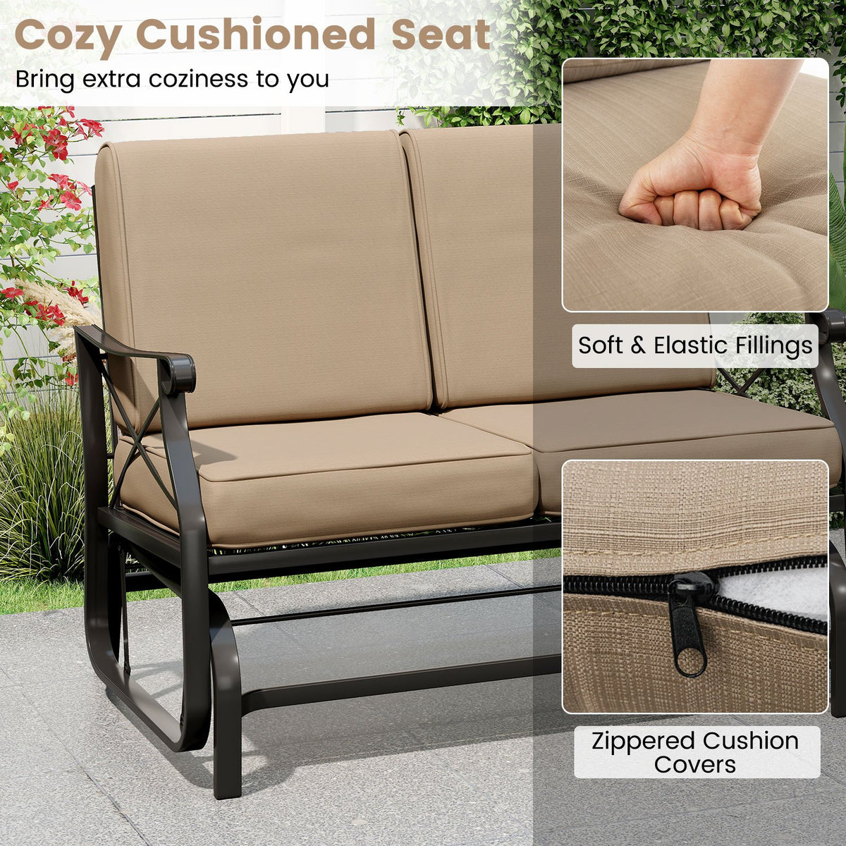 Outdoor 2-Person Glider Rocking Chair Loveseat with Thick Cushions and Metal Frame-Brown view 8