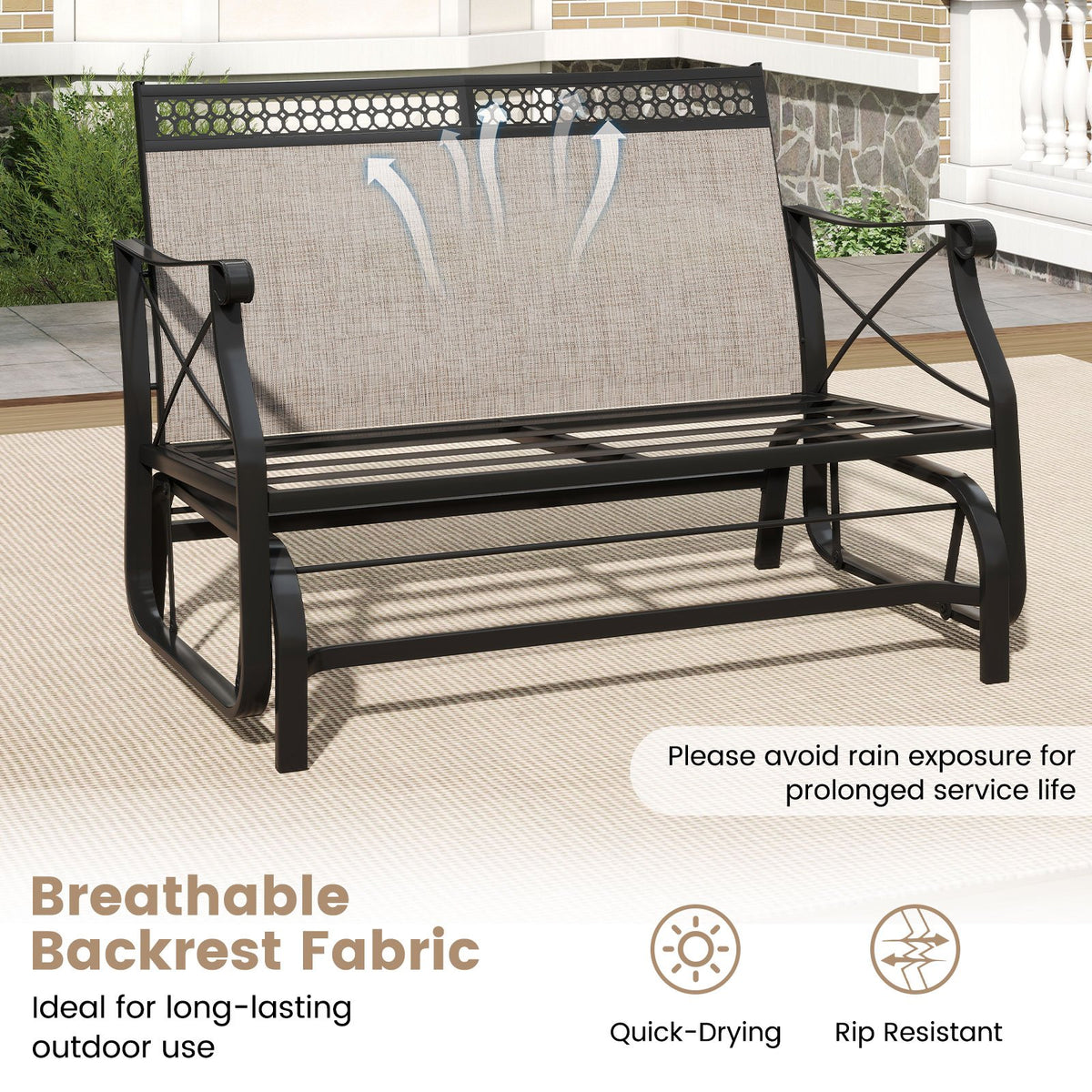 Outdoor 2-Person Glider Rocking Chair Loveseat with Thick Cushions and Metal Frame-Brown view 9
