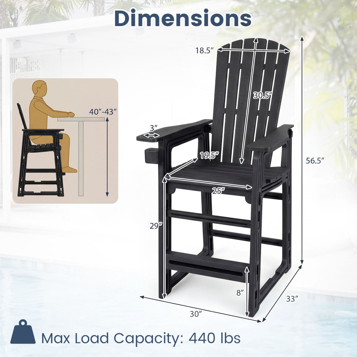 Outdoor 29 Inch Height Bar Stool with Backrest and Armrests-Black view 4