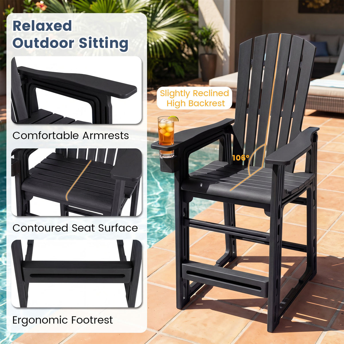 Outdoor 29 Inch Height Bar Stool with Backrest and Armrests-Black view 7