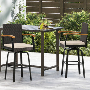 Outdoor 360° Swivel Bar Stool with Cushion and Acacia Wood Armrests-F-Brown view 3