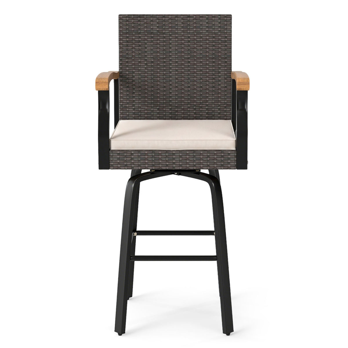 Outdoor 360° Swivel Bar Stool with Cushion and Acacia Wood Armrests-F-Brown view 4