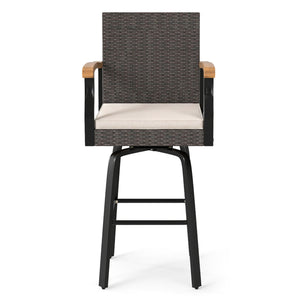 Outdoor 360° Swivel Bar Stool with Cushion and Acacia Wood Armrests-F-Brown view 4