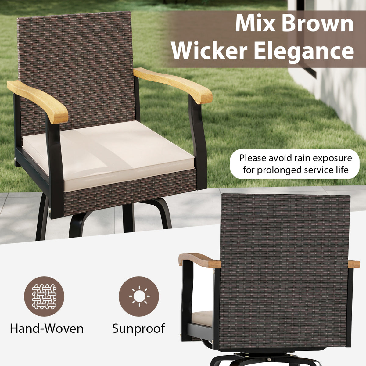 Outdoor 360° Swivel Bar Stool with Cushion and Acacia Wood Armrests-F-Brown view 7