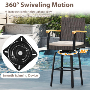 Outdoor 360° Swivel Bar Stool with Cushion and Acacia Wood Armrests-F-Brown view 8