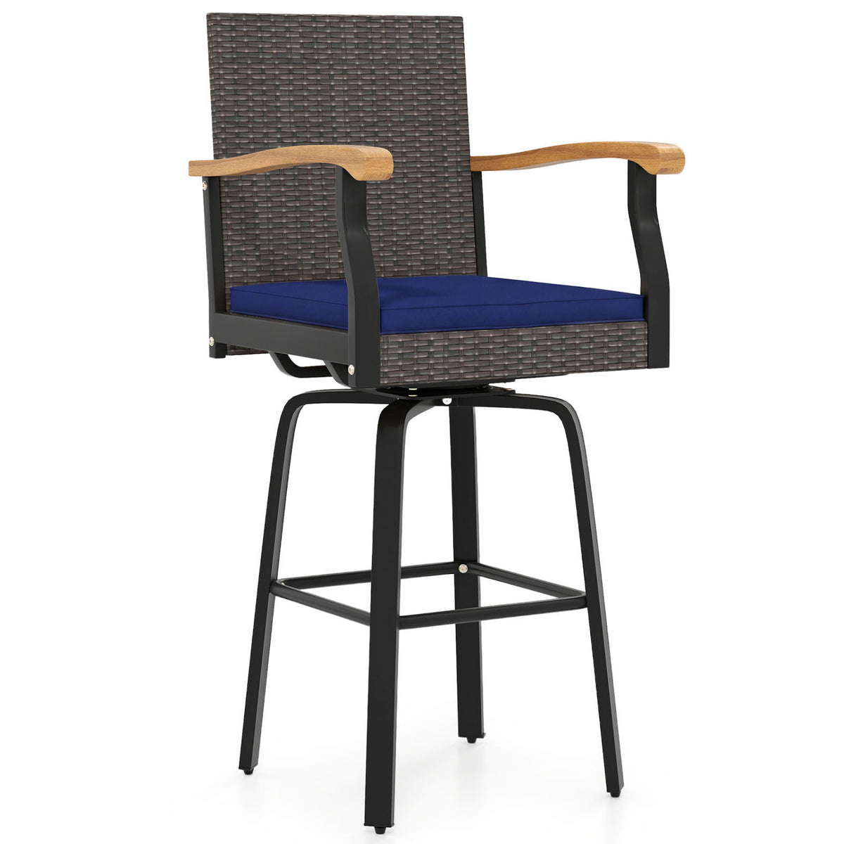 Outdoor 360° Swivel Bar Stool with Cushion and Acacia Wood Armrests-F-Navy