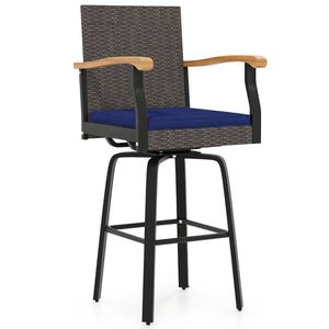 Outdoor 360° Swivel Bar Stool with Cushion and Acacia Wood Armrests-F-Navy