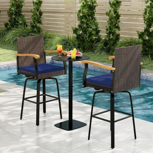 Outdoor 360° Swivel Bar Stool with Cushion and Acacia Wood Armrests-F-Navy view 2