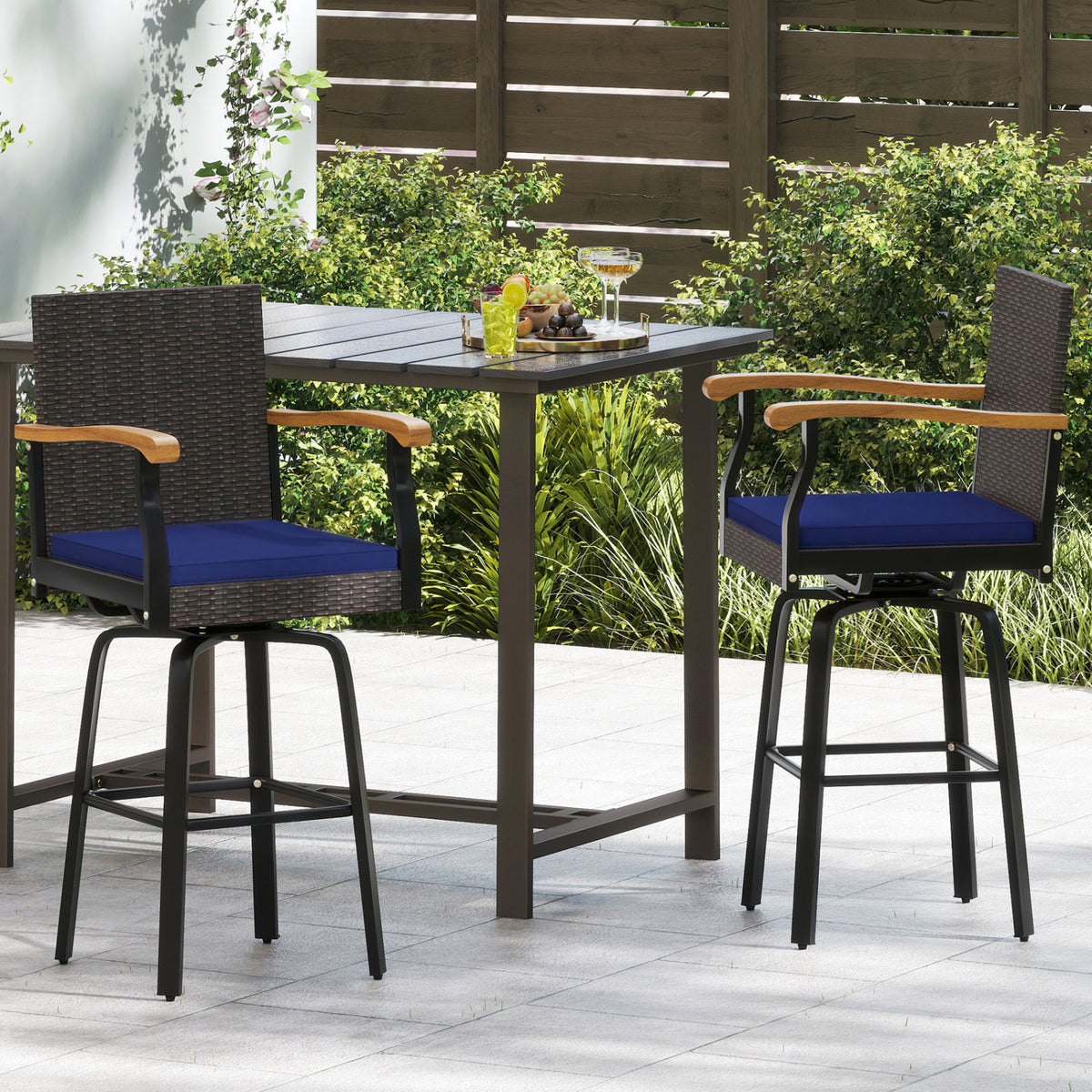 Outdoor 360° Swivel Bar Stool with Cushion and Acacia Wood Armrests-F-Navy view 3