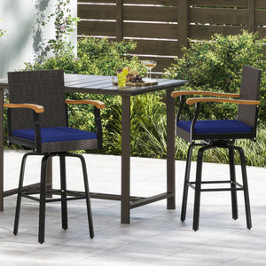 Outdoor 360° Swivel Bar Stool with Cushion and Acacia Wood Armrests-F-Navy view 3