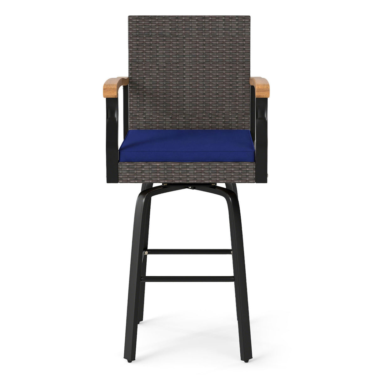Outdoor 360° Swivel Bar Stool with Cushion and Acacia Wood Armrests-F-Navy view 4