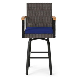 Outdoor 360° Swivel Bar Stool with Cushion and Acacia Wood Armrests-F-Navy view 4