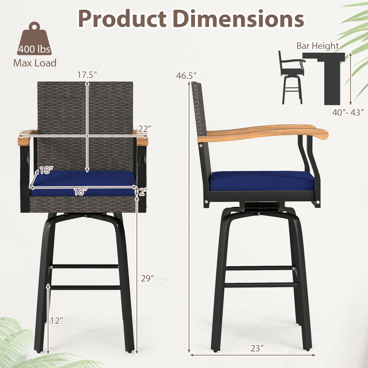 Outdoor 360° Swivel Bar Stool with Cushion and Acacia Wood Armrests-F-Navy view 5
