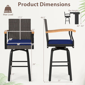 Outdoor 360° Swivel Bar Stool with Cushion and Acacia Wood Armrests-F-Navy view 5