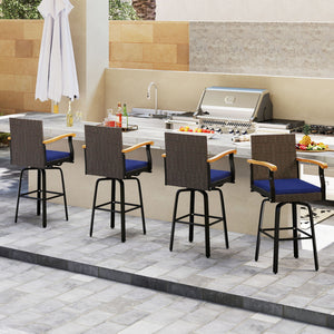 Outdoor 360° Swivel Bar Stool with Cushion and Acacia Wood Armrests-F-Navy view 6