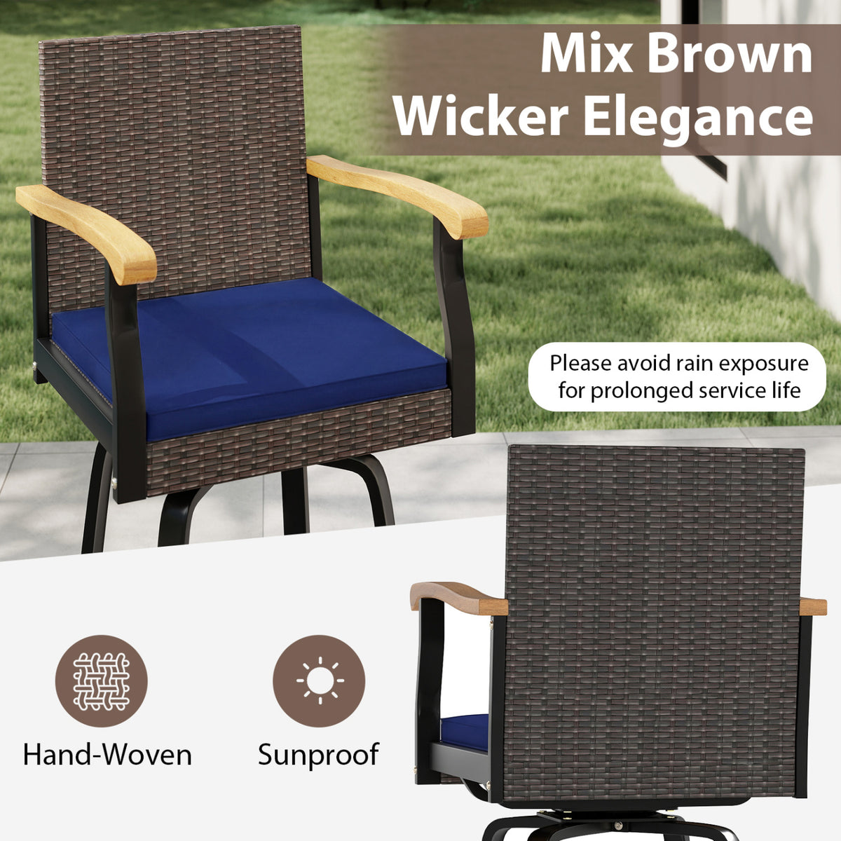 Outdoor 360° Swivel Bar Stool with Cushion and Acacia Wood Armrests-F-Navy view 7