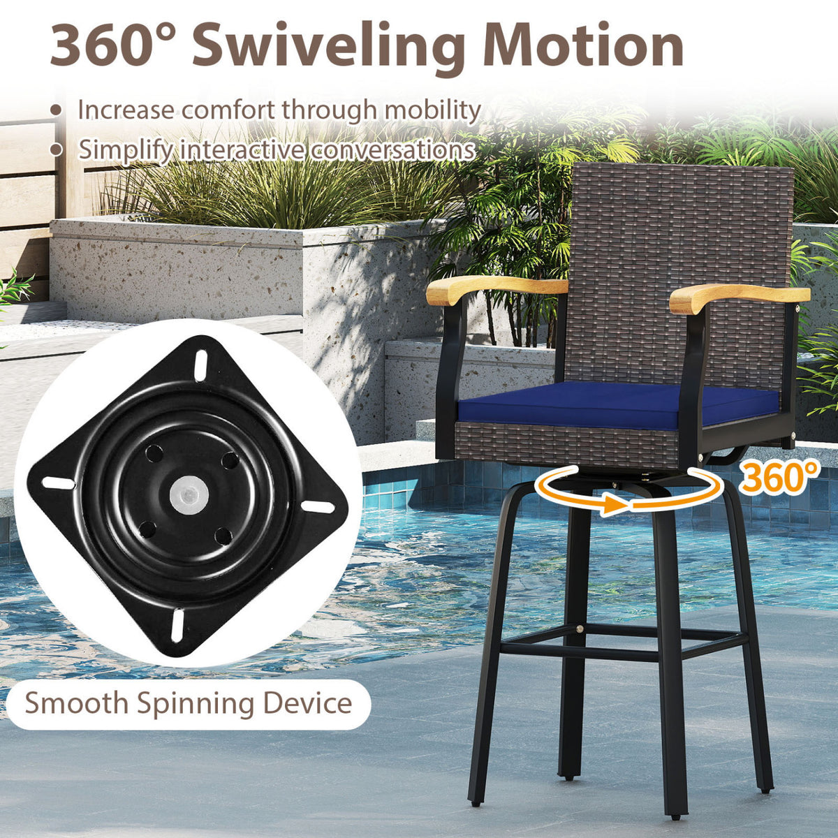 Outdoor 360° Swivel Bar Stool with Cushion and Acacia Wood Armrests-F-Navy view 8