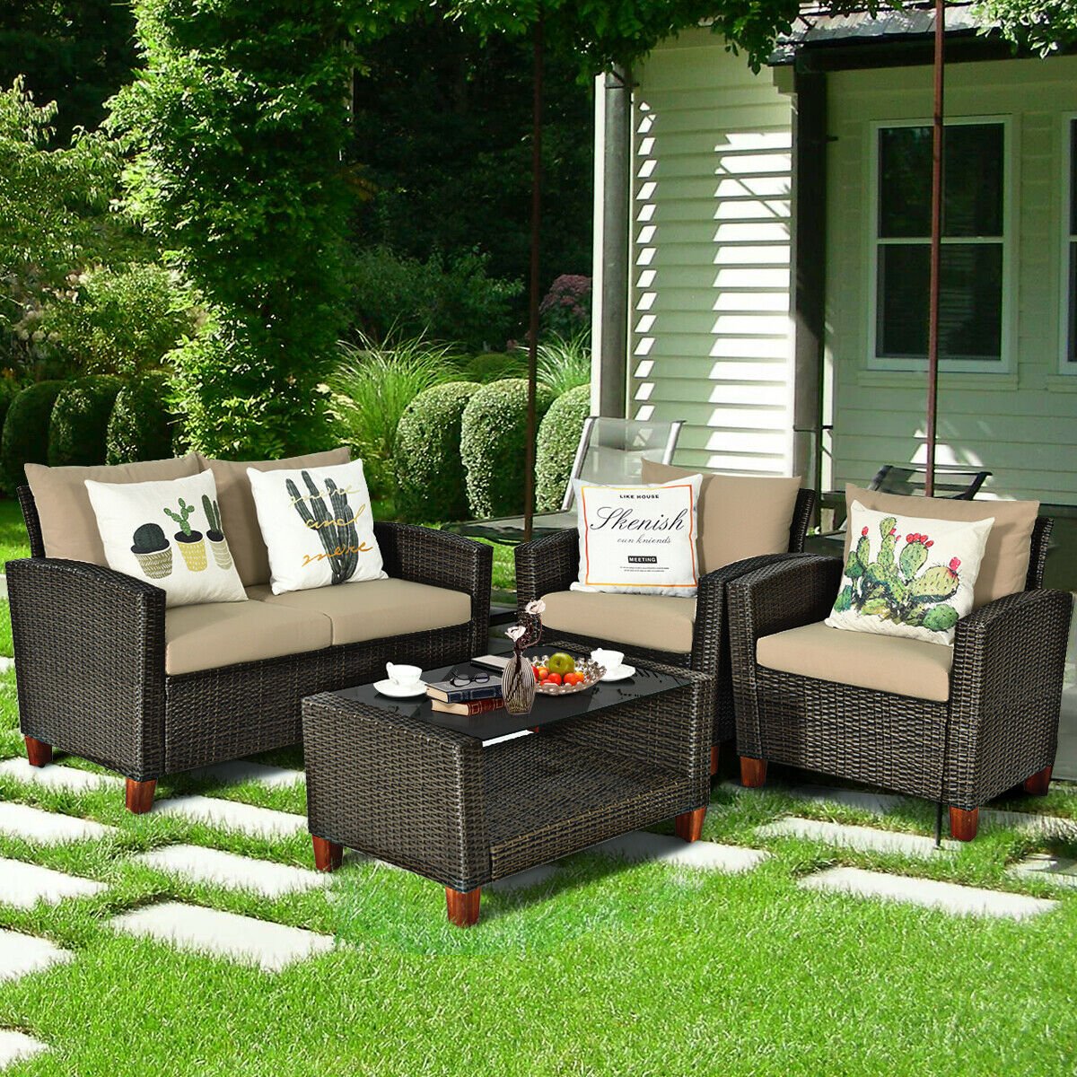4 Pieces Patio Rattan Furniture Set with Cushions view 2