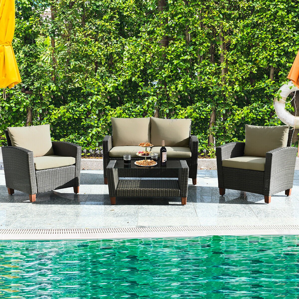 4 Pieces Patio Rattan Furniture Set with Cushions view 3
