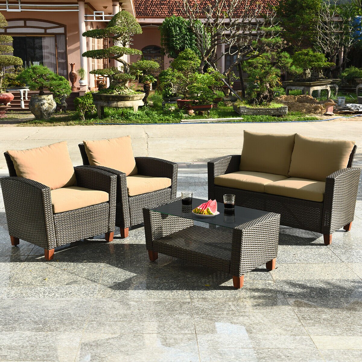 4 Pieces Patio Rattan Furniture Set with Cushions view 4