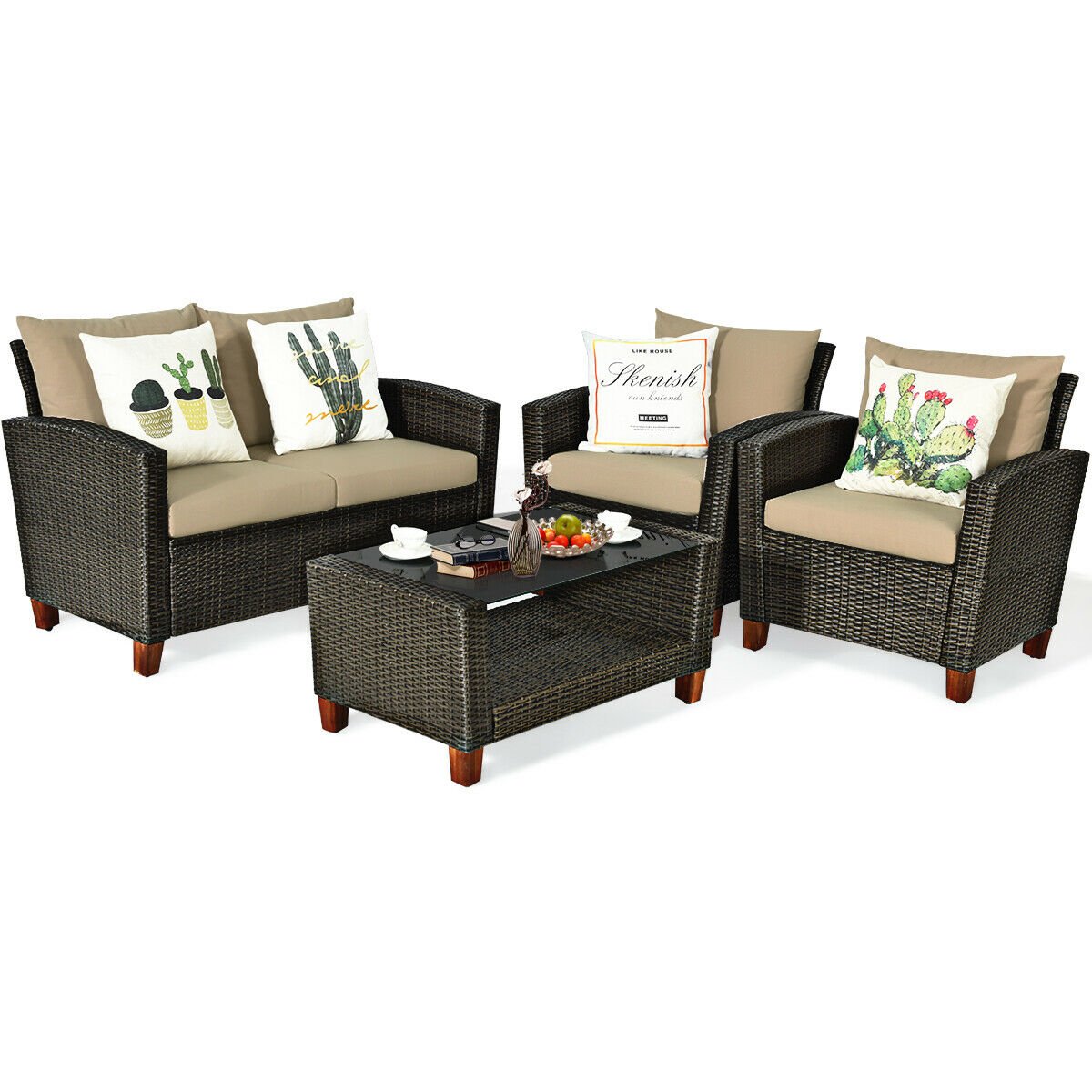 4 Pieces Patio Rattan Furniture Set with Cushions view 5