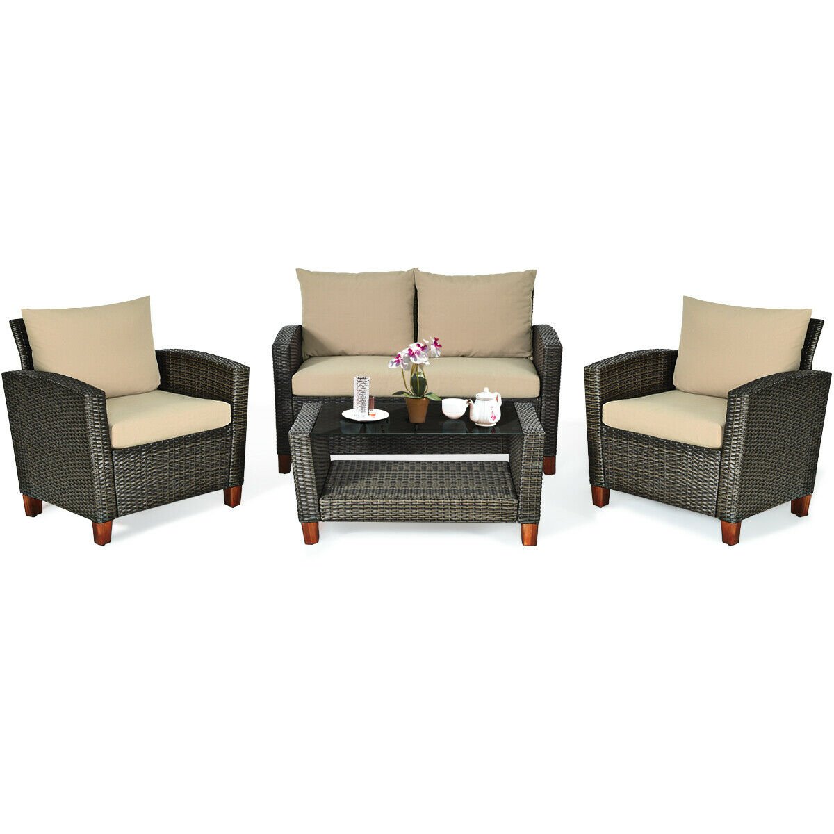 4 Pieces Patio Rattan Furniture Set with Cushions view 6