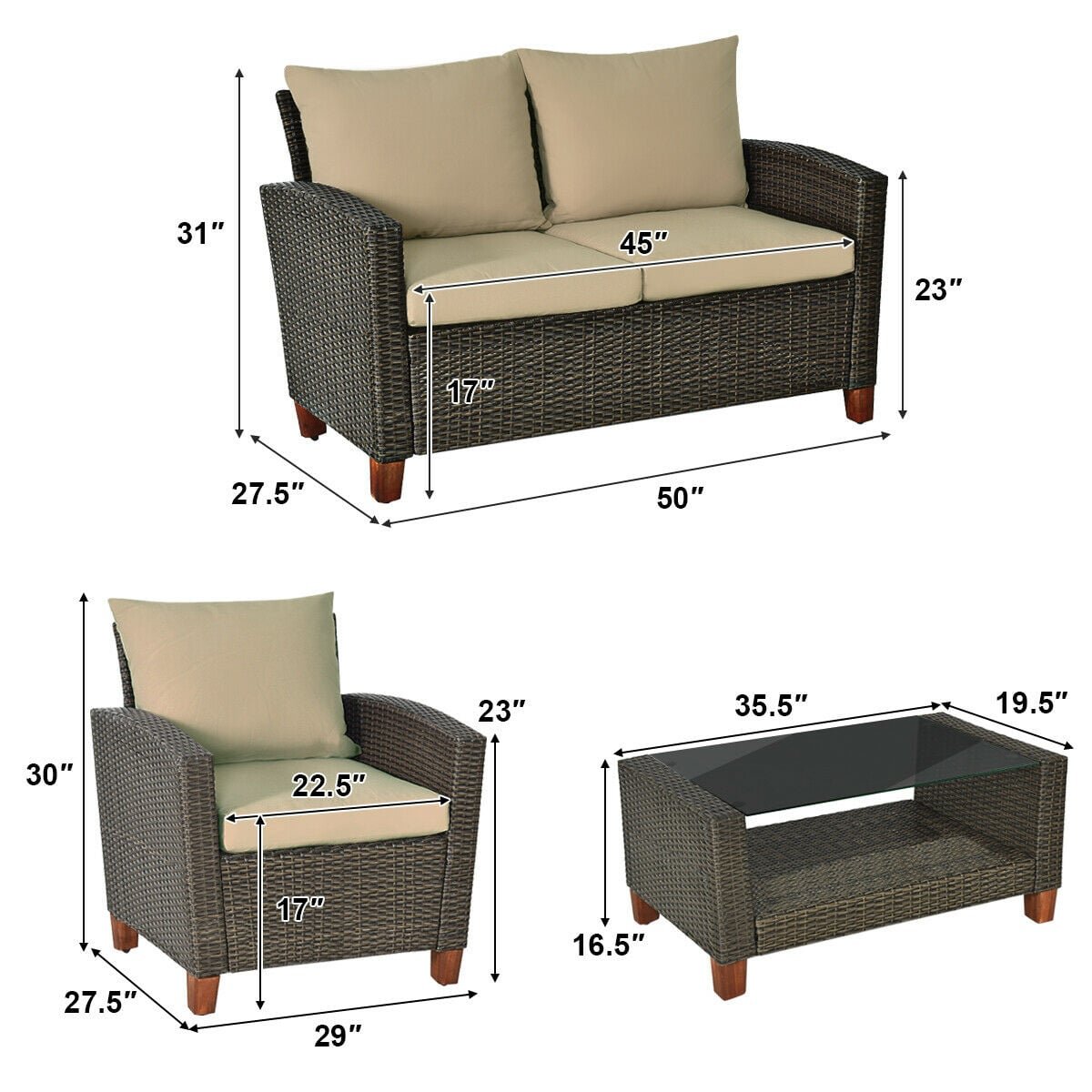 4 Pieces Patio Rattan Furniture Set with Cushions view 7