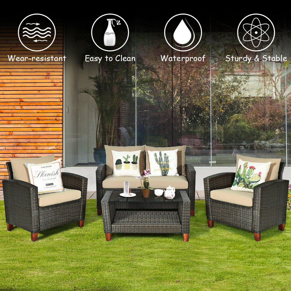 4 Pieces Patio Rattan Furniture Set with Cushions view 8