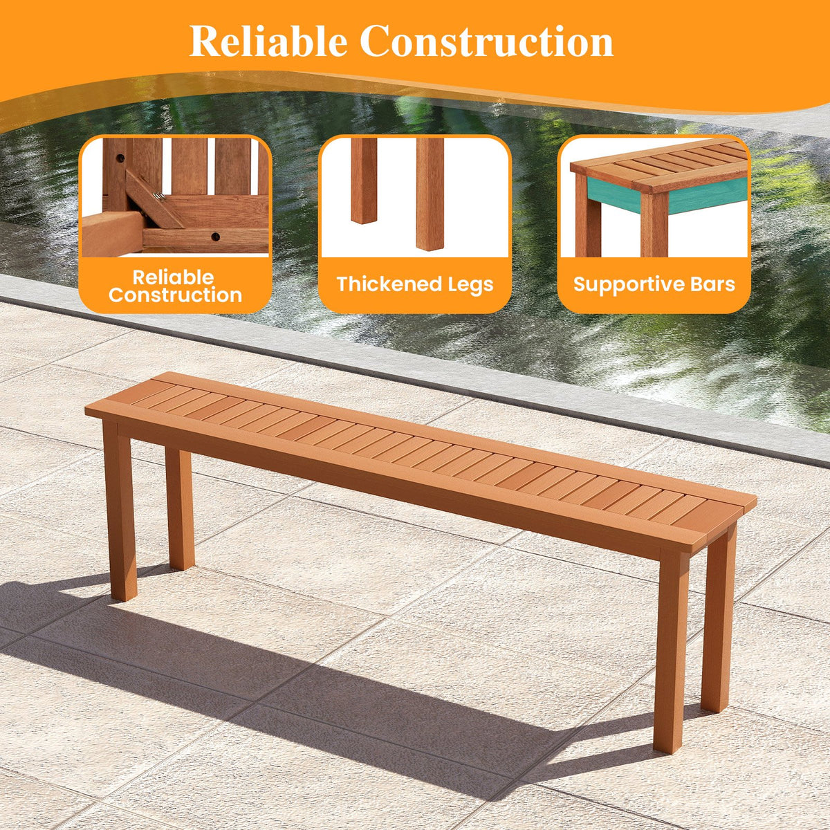 Outdoor 59 Inch Long Patio Dining Backless Wooden Bench with Teak Oil Finish view 7