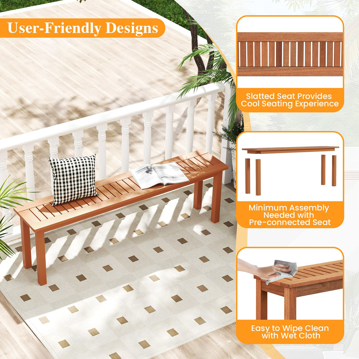 Outdoor 59 Inch Long Patio Dining Backless Wooden Bench with Teak Oil Finish view 8