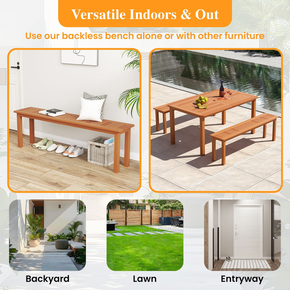 Outdoor 59 Inch Long Patio Dining Backless Wooden Bench with Teak Oil Finish view 9