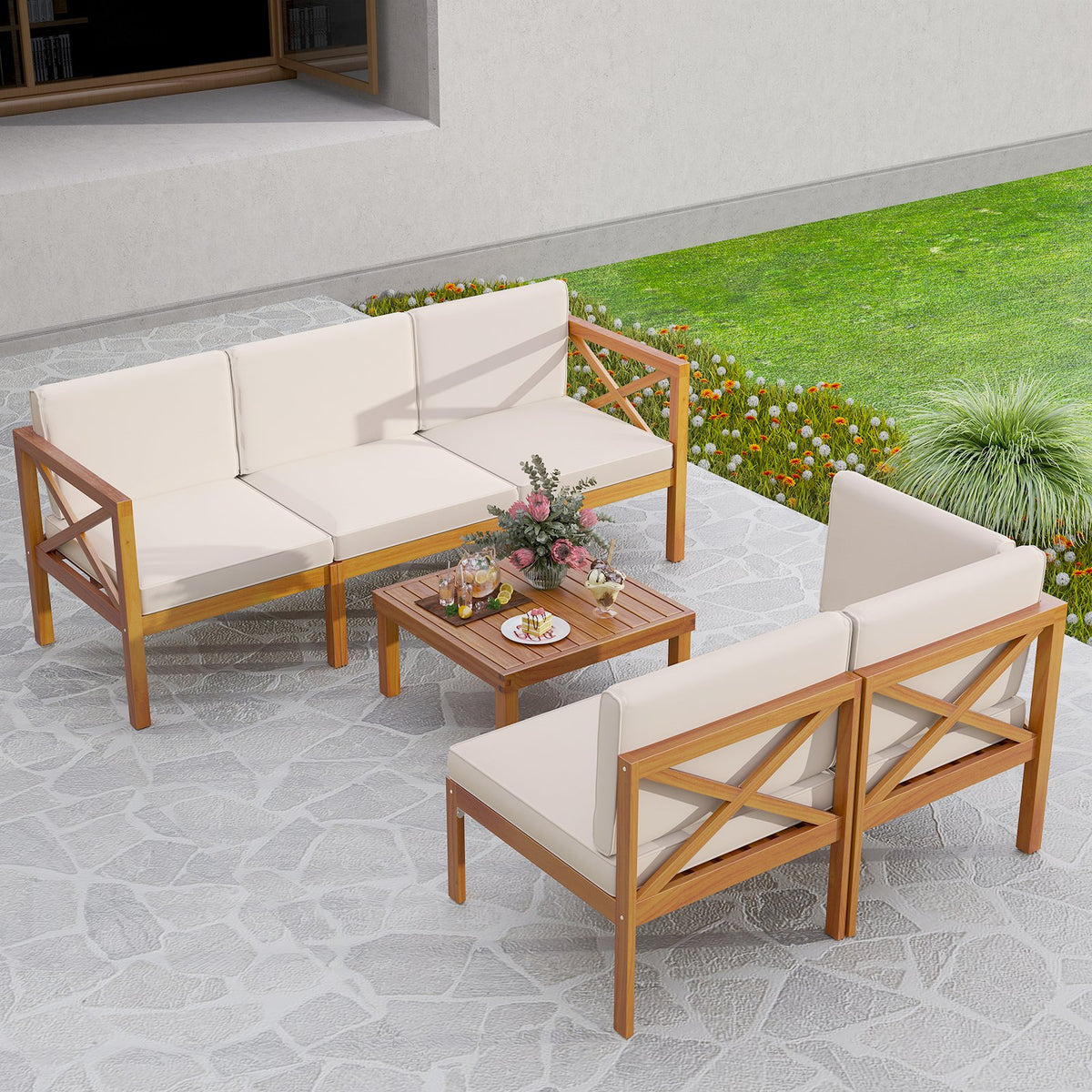 Outdoor 6 Pieces Acacia Wood Patio Sectional Furniture Set-White view 3