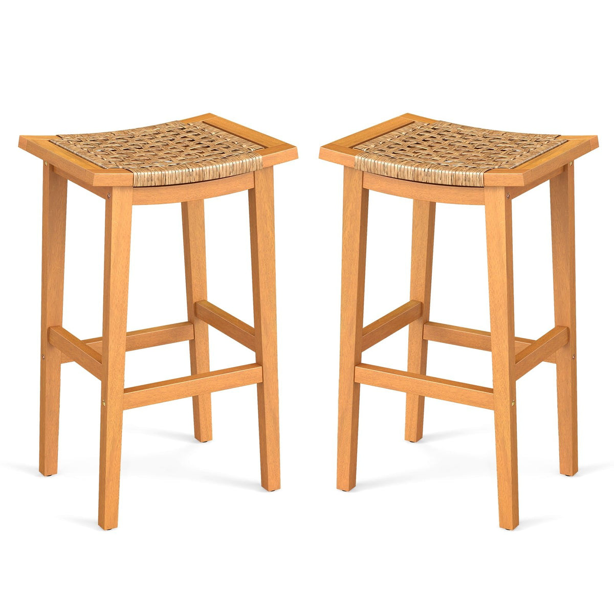Outdoor Acacia Wood Bar Stools Set of 2 with PE Rattan Seats and Backrests