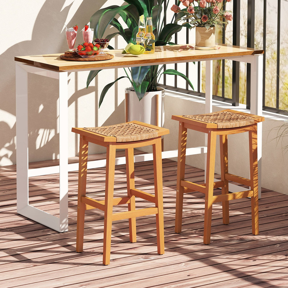 Outdoor Acacia Wood Bar Stools Set of 2 with PE Rattan Seats and Backrests view 2