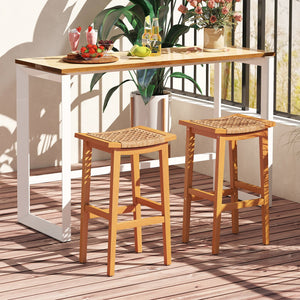Outdoor Acacia Wood Bar Stools Set of 2 with PE Rattan Seats and Backrests view 2