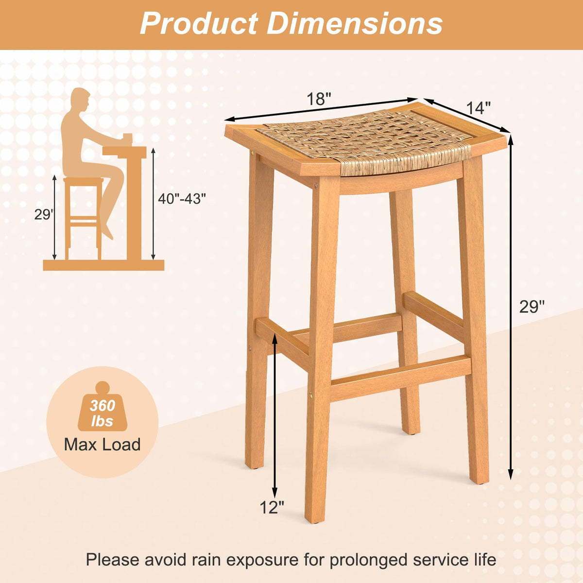 Outdoor Acacia Wood Bar Stools Set of 2 with PE Rattan Seats and Backrests view 5