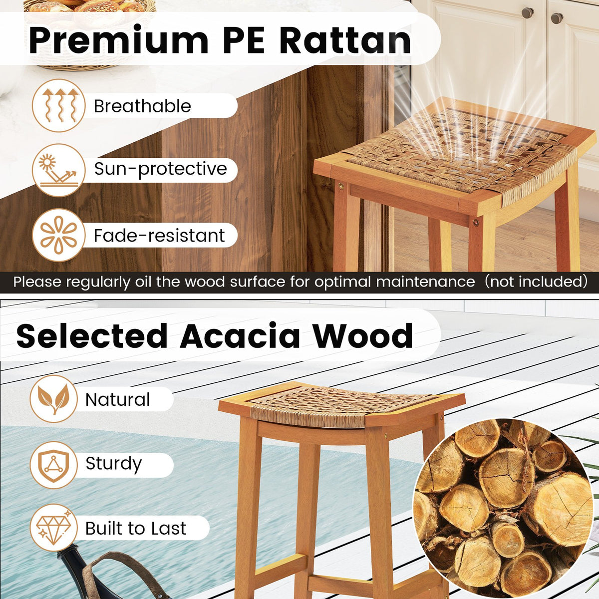 Outdoor Acacia Wood Bar Stools Set of 2 with PE Rattan Seats and Backrests view 6