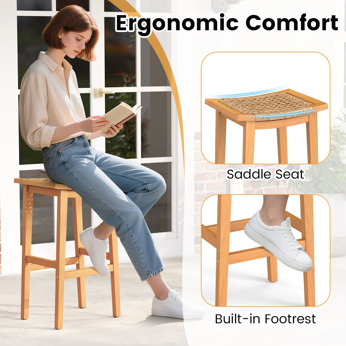 Outdoor Acacia Wood Bar Stools Set of 2 with PE Rattan Seats and Backrests view 7