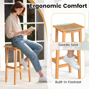 Outdoor Acacia Wood Bar Stools Set of 2 with PE Rattan Seats and Backrests view 7