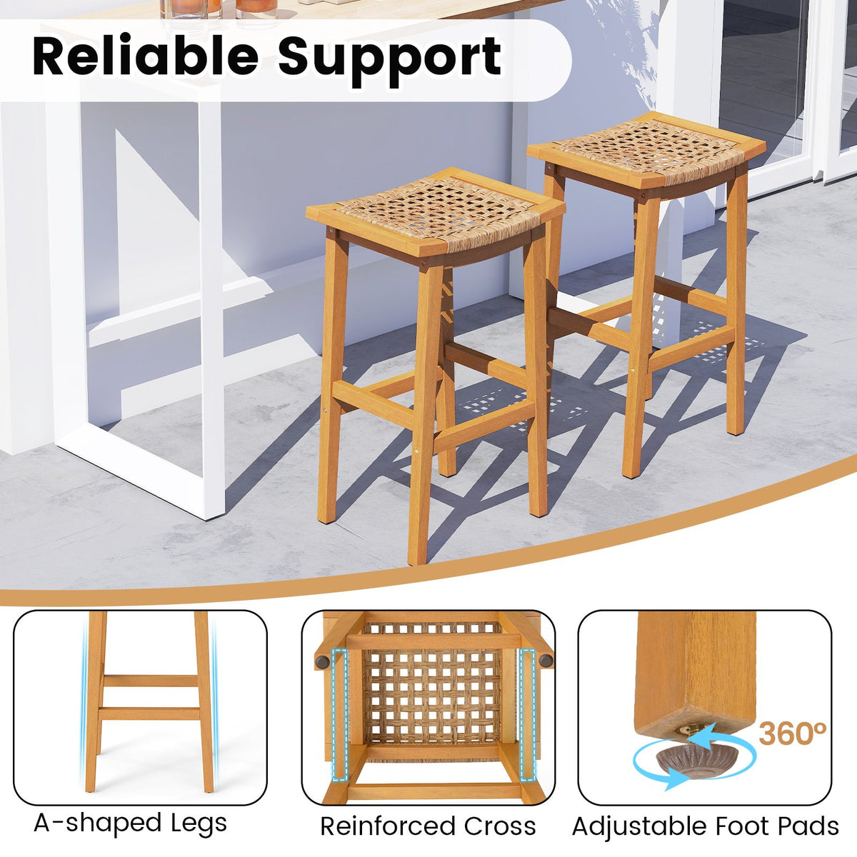 Outdoor Acacia Wood Bar Stools Set of 2 with PE Rattan Seats and Backrests view 8