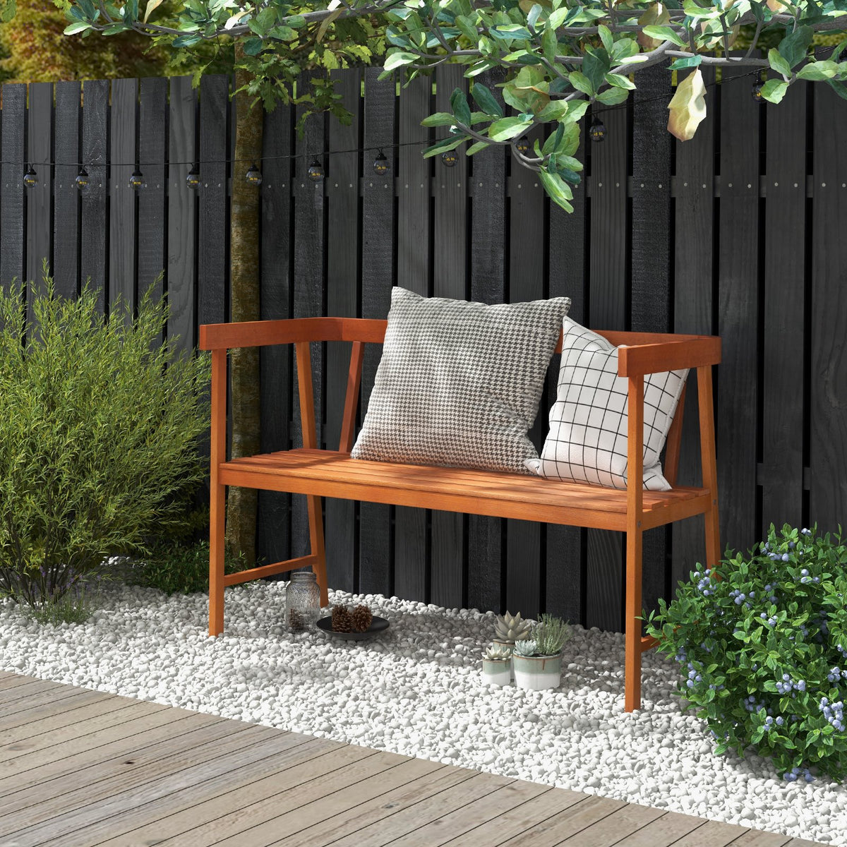 Outdoor Eucalyptus Wood Bench with Backrest and Armrests view 3