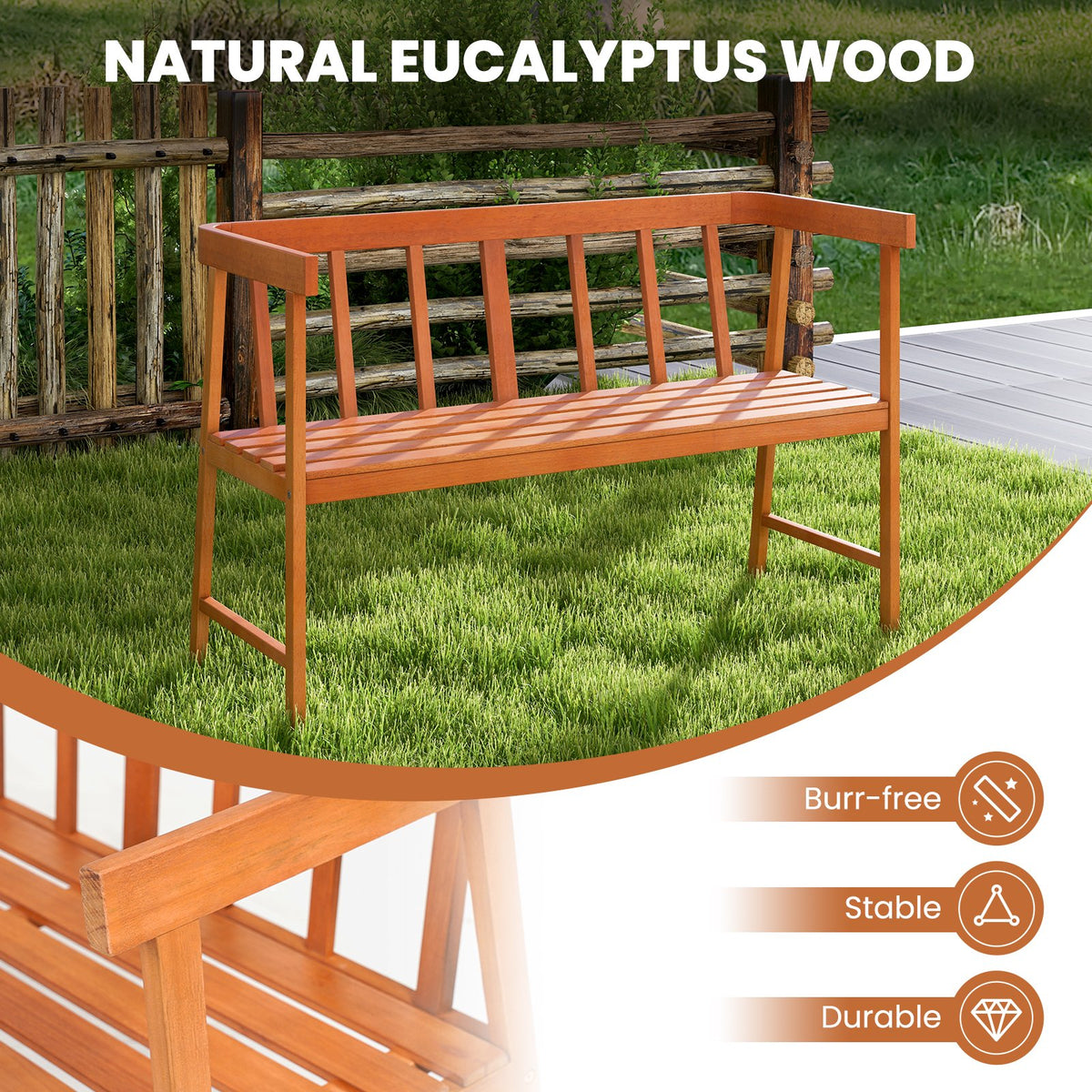 Outdoor Eucalyptus Wood Bench with Backrest and Armrests view 6